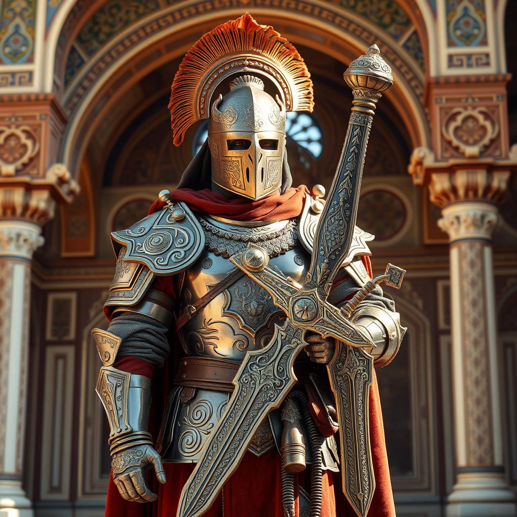 A Mamluk warrior fully dressed in elaborate medieval armor, standing tall with a proud posture