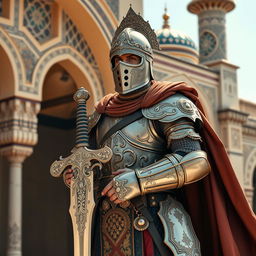 A Mamluk warrior fully dressed in elaborate medieval armor, standing tall with a proud posture