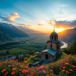 A breathtaking landscape of ancient Armenia, showcasing the majestic mountains of Clicia with their snow-capped peaks, lush green valleys, and a serene river flowing through the scene