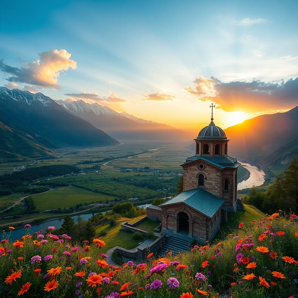 A breathtaking landscape of ancient Armenia, showcasing the majestic mountains of Clicia with their snow-capped peaks, lush green valleys, and a serene river flowing through the scene