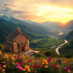 A breathtaking landscape of ancient Armenia, showcasing the majestic mountains of Clicia with their snow-capped peaks, lush green valleys, and a serene river flowing through the scene