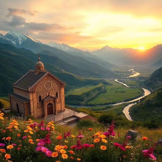 A breathtaking landscape of ancient Armenia, showcasing the majestic mountains of Clicia with their snow-capped peaks, lush green valleys, and a serene river flowing through the scene