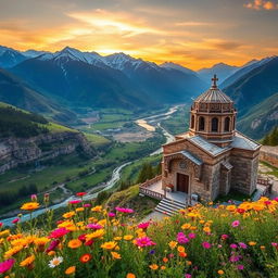 A breathtaking landscape of ancient Armenia, showcasing the majestic mountains of Clicia with their snow-capped peaks, lush green valleys, and a serene river flowing through the scene