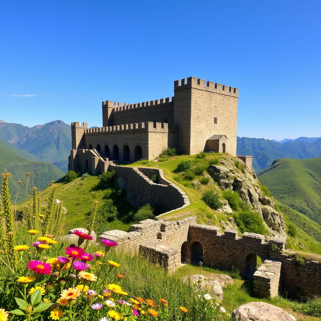 A breathtaking, historical view of a castle in Cilicia, Armenia, showcasing its impressive stone architecture surrounded by lush green hills