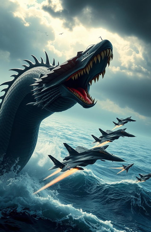 A dramatic scene depicting military jets soaring through the sky, evading a massive sea serpent that is emerging from the ocean waves