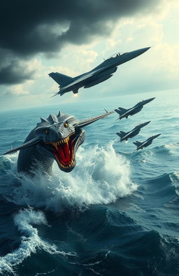 A dramatic scene depicting military jets soaring through the sky, evading a massive sea serpent that is emerging from the ocean waves