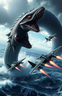 A dramatic scene depicting military jets soaring through the sky, evading a massive sea serpent that is emerging from the ocean waves