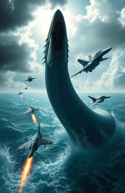 A dramatic scene depicting military jets soaring through the sky, evading a massive sea serpent that is emerging from the ocean waves