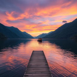 A serene landscape at sunset featuring a calm lake reflecting vibrant orange and purple skies, surrounded by lush green mountains