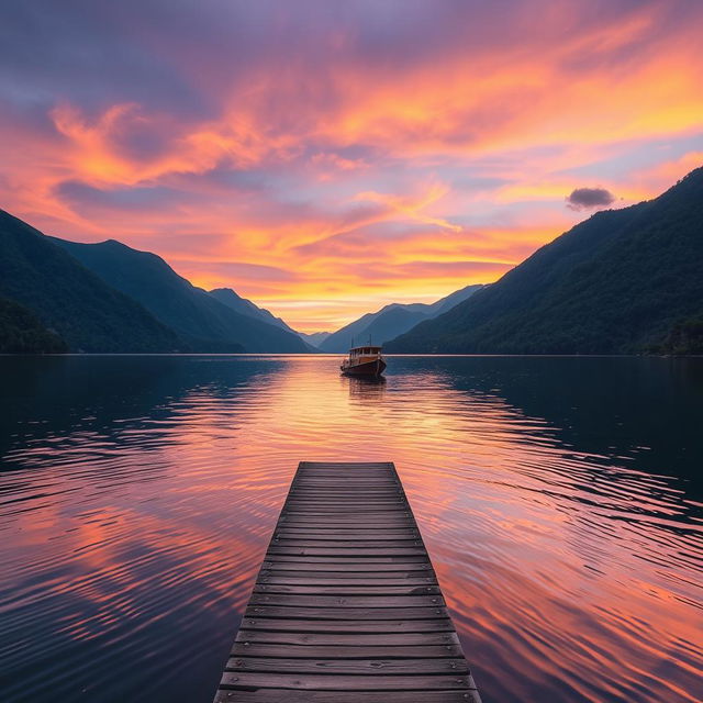 A serene landscape at sunset featuring a calm lake reflecting vibrant orange and purple skies, surrounded by lush green mountains