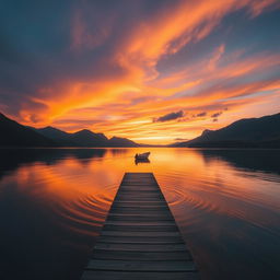 A serene landscape at sunset featuring a calm lake reflecting vibrant orange and purple skies, surrounded by lush green mountains