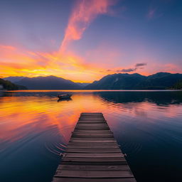 A serene landscape at sunset featuring a calm lake reflecting vibrant orange and purple skies, surrounded by lush green mountains