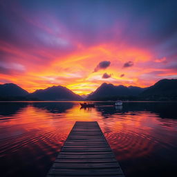 A serene landscape at sunset featuring a calm lake reflecting vibrant orange and purple skies, surrounded by lush green mountains