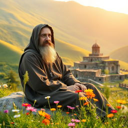 A serene and tranquil scene depicting a monk from Armenia, dressed in traditional Armenian monastic garb, sitting peacefully amidst the stunning landscapes of Armenia
