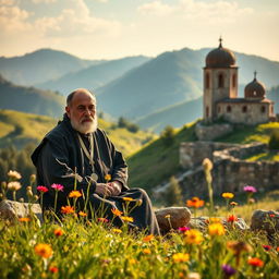 A serene and tranquil scene depicting a monk from Armenia, dressed in traditional Armenian monastic garb, sitting peacefully amidst the stunning landscapes of Armenia