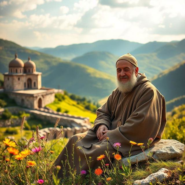 A serene and tranquil scene depicting a monk from Armenia, dressed in traditional Armenian monastic garb, sitting peacefully amidst the stunning landscapes of Armenia
