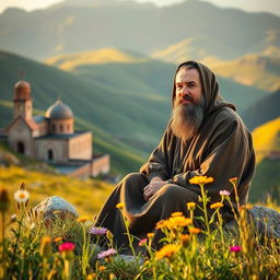 A serene and tranquil scene depicting a monk from Armenia, dressed in traditional Armenian monastic garb, sitting peacefully amidst the stunning landscapes of Armenia