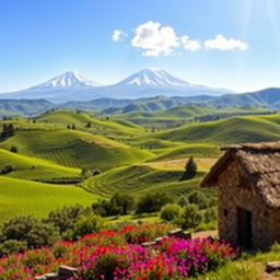 A stunning panoramic view of the Armenian countryside, showcasing rolling hills covered in lush greenery and dotted with vibrant wildflowers
