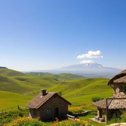 A stunning panoramic view of the Armenian countryside, showcasing rolling hills covered in lush greenery and dotted with vibrant wildflowers