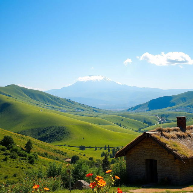 A stunning panoramic view of the Armenian countryside, showcasing rolling hills covered in lush greenery and dotted with vibrant wildflowers