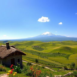 A stunning panoramic view of the Armenian countryside, showcasing rolling hills covered in lush greenery and dotted with vibrant wildflowers