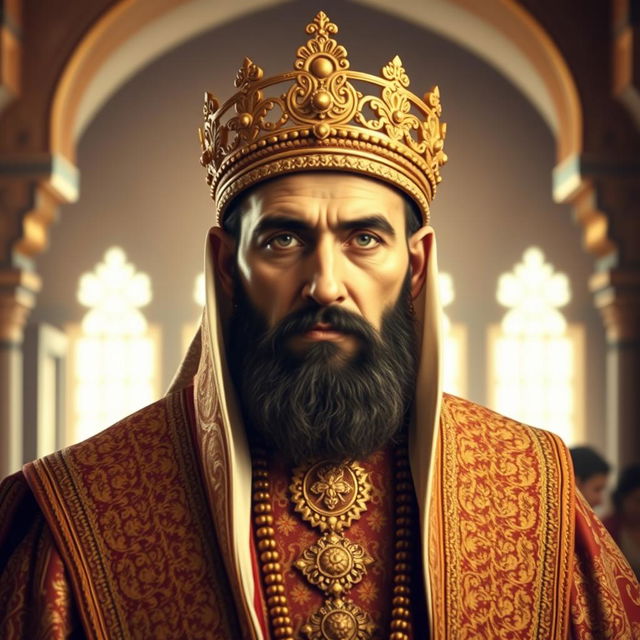 A regal portrait of Sultan Baibars, the 13th-century Mamluk ruler known for his military prowess and leadership