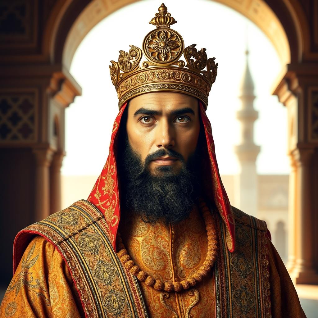 A regal portrait of Sultan Baibars, the 13th-century Mamluk ruler known for his military prowess and leadership