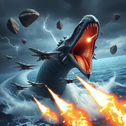 A high-action scene featuring military jets firing missiles while rapidly evading a massive sea serpent that is emerging from the ocean