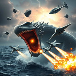 A high-action scene featuring military jets firing missiles while rapidly evading a massive sea serpent that is emerging from the ocean