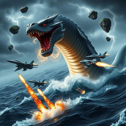 A high-action scene featuring military jets firing missiles while rapidly evading a massive sea serpent that is emerging from the ocean