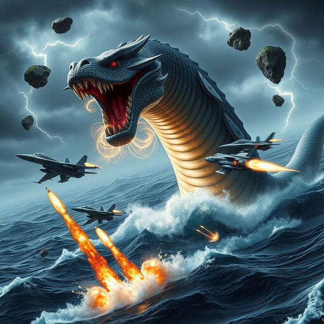 A high-action scene featuring military jets firing missiles while rapidly evading a massive sea serpent that is emerging from the ocean