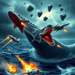 A high-action scene featuring military jets firing missiles while rapidly evading a massive sea serpent that is emerging from the ocean