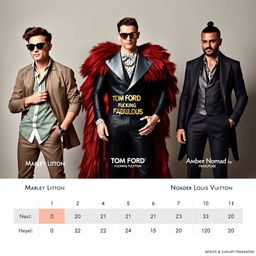 A captivating scene featuring three distinct men, each personifying a luxury fragrance