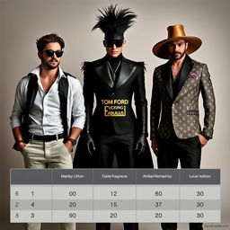 A captivating scene featuring three distinct men, each personifying a luxury fragrance