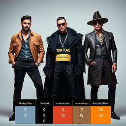 A captivating scene featuring three distinct men, each personifying a luxury fragrance