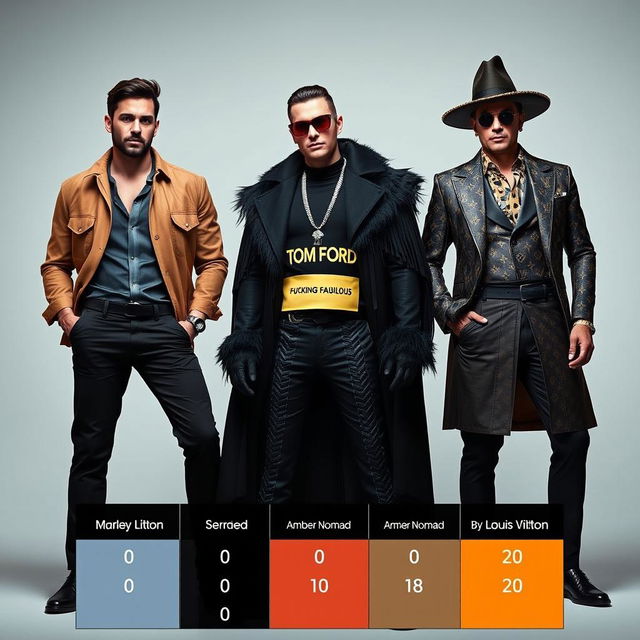 A captivating scene featuring three distinct men, each personifying a luxury fragrance