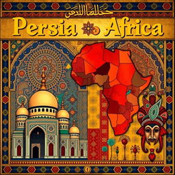A vibrant poster showcasing the rich traditions of Persia and Africa, featuring intricate Persian patterns and motifs alongside vibrant African textiles