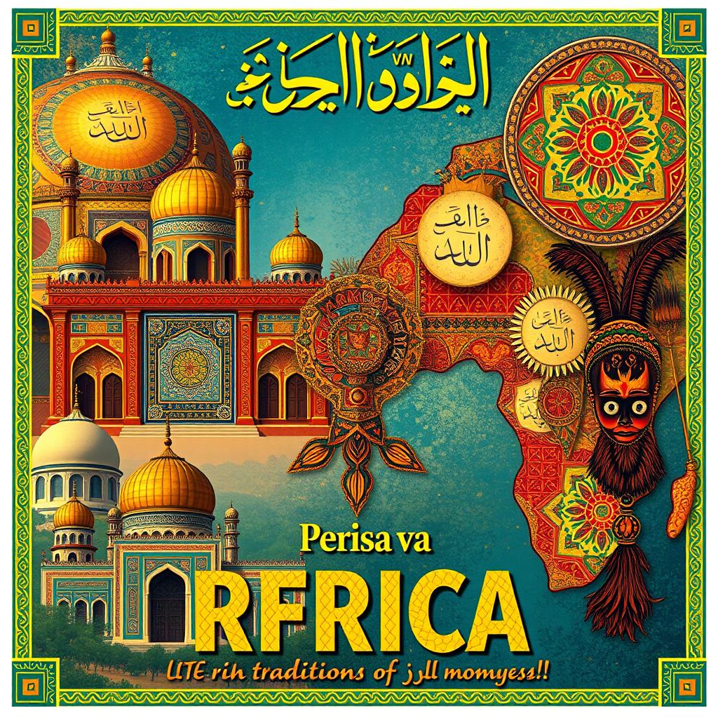 A vibrant poster showcasing the rich traditions of Persia and Africa, featuring intricate Persian patterns and motifs alongside vibrant African textiles