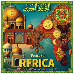 A vibrant poster showcasing the rich traditions of Persia and Africa, featuring intricate Persian patterns and motifs alongside vibrant African textiles