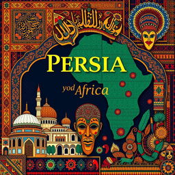 A vibrant poster showcasing the rich traditions of Persia and Africa, featuring intricate Persian patterns and motifs alongside vibrant African textiles