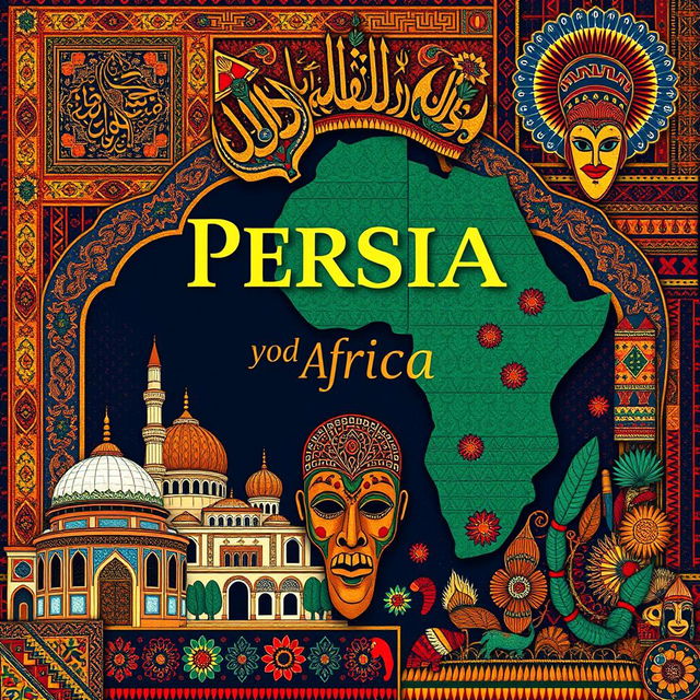A vibrant poster showcasing the rich traditions of Persia and Africa, featuring intricate Persian patterns and motifs alongside vibrant African textiles