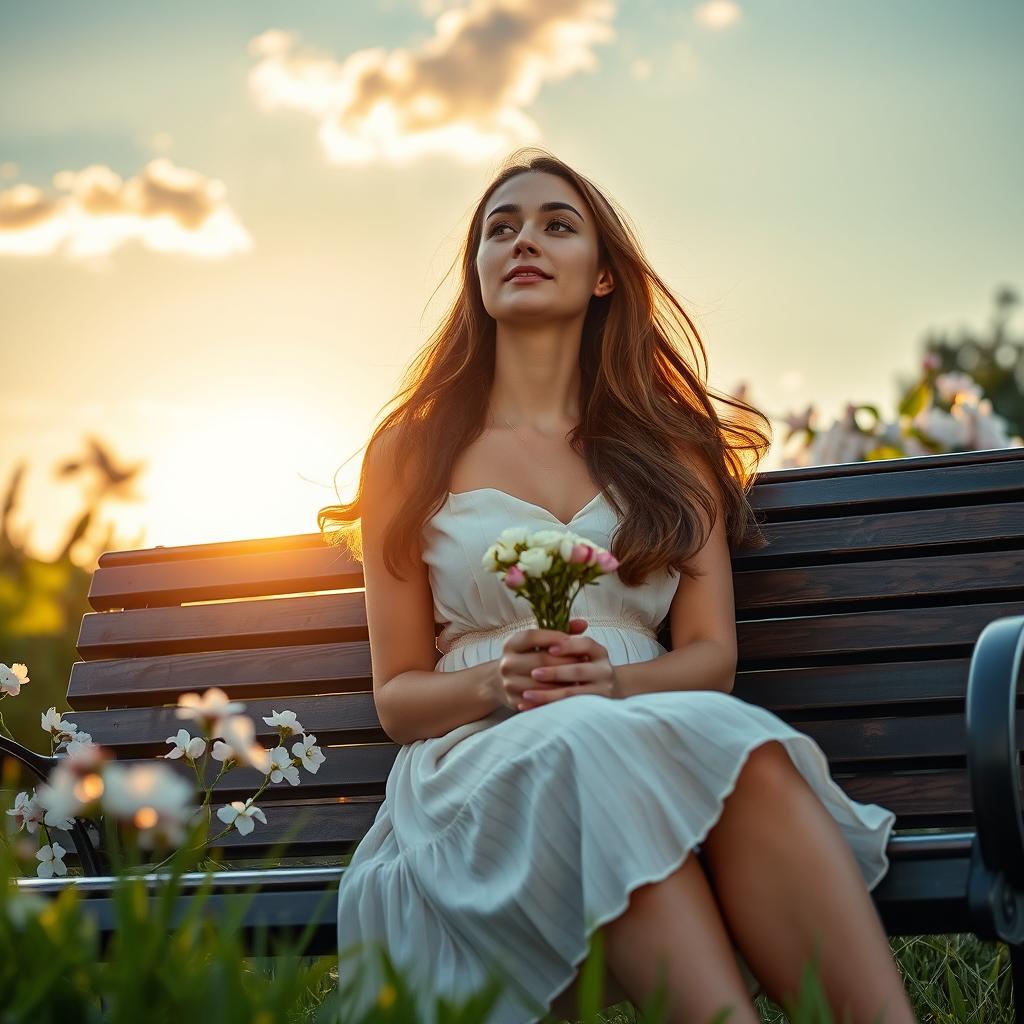 A loyal woman waiting for her partner, sitting on a beautiful park bench surrounded by blossoming flowers