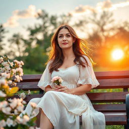 A loyal woman waiting for her partner, sitting on a beautiful park bench surrounded by blossoming flowers