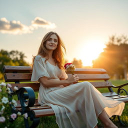 A loyal woman waiting for her partner, sitting on a beautiful park bench surrounded by blossoming flowers