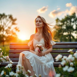 A loyal woman waiting for her partner, sitting on a beautiful park bench surrounded by blossoming flowers