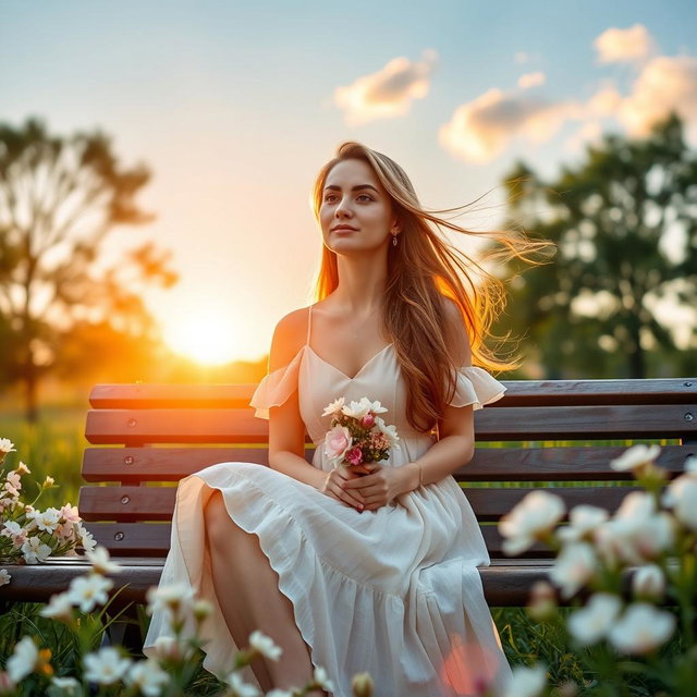 A loyal woman waiting for her partner, sitting on a beautiful park bench surrounded by blossoming flowers