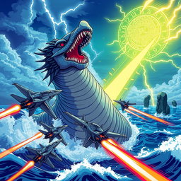 An anime-style dynamic action scene featuring sleek military jets firing missiles as they rush to evade a colossal sea serpent rising menacingly from the ocean