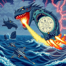 An anime-style dynamic action scene featuring sleek military jets firing missiles as they rush to evade a colossal sea serpent rising menacingly from the ocean