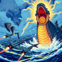An anime-style dynamic action scene featuring sleek military jets firing missiles as they rush to evade a colossal sea serpent rising menacingly from the ocean