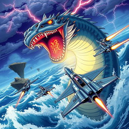 An anime-style dynamic action scene featuring sleek military jets firing missiles as they rush to evade a colossal sea serpent rising menacingly from the ocean